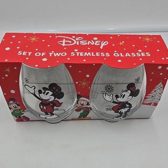 Mickey Mouse & Minnie Mouse Glasses Stemless 2 NIB Holiday Glass DISNEY - Picture 1 of 7